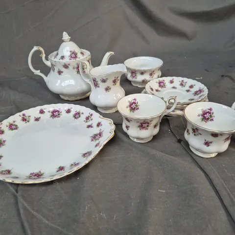 ROYAL ALBERT SWEET VIOLET BONE CHINA TEA SET – TEAPOT, CREAMER, SUGAR, CUPS & SAUCERS, PLATE