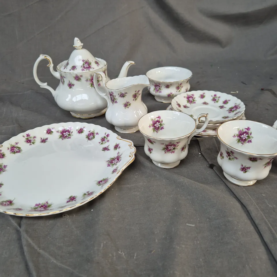 ROYAL ALBERT SWEET VIOLET BONE CHINA TEA SET – TEAPOT, CREAMER, SUGAR, CUPS & SAUCERS, PLATE