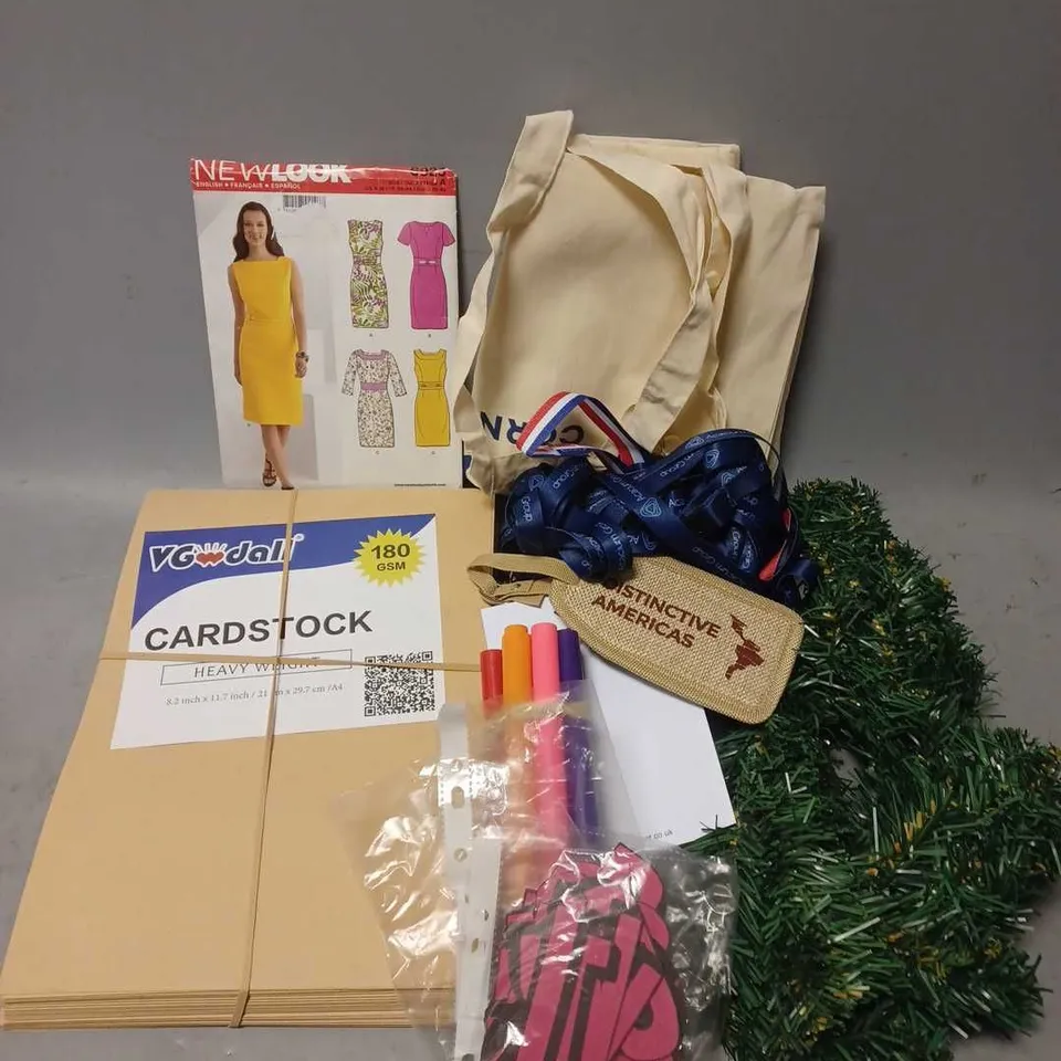 APPROXIMATELY 10 ASSORTED HOUSEHOLD ITEMS TO INCLUDE - LANYARDS - CARDSTOCK - DRESS SEWING PATTERN - ETC