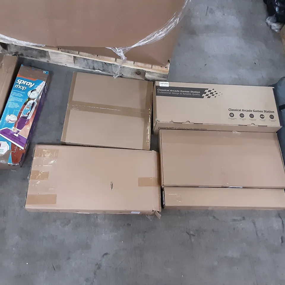 PALLET OF ASSORTED PRODUCTS TO INCLUDE  LASSIC ARCADE GAMES STATION, AZADX CHAIR MATT, VIPMOON LED CEILING LITTLE FIXTURE, PAMPAS GRASS, WOLF WISE, VORFREUDE SPRAY MOP