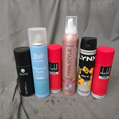 APPROXIMATELY 12 ASSORTED AEROSOLS TO INCLUDE DUNHILL BODY SPRAY, MONTIBELLO COLOUR MOUSSE, BOOTS EVERYDAY HAIRSPRAY, ETC - COLLECTION ONLY