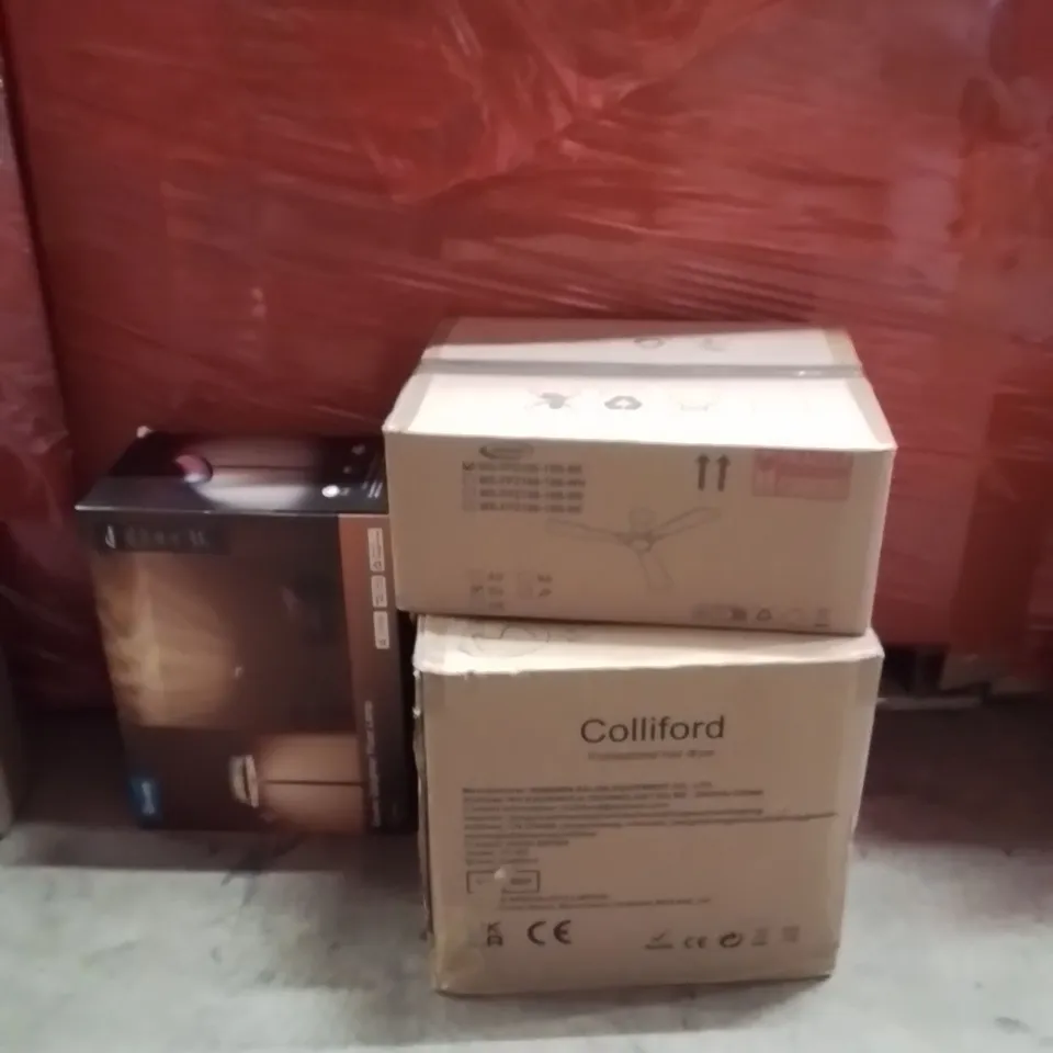 PALLET OF ASSORTED HOUSEHOLD GOODS AND PRODUCTS TO INCLUDE;HAIR DRYER,CEILING FAN,GOVEE FLOOR LAMP