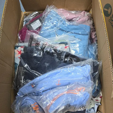 LARGE BOX OF ASSORTED CLOTHING TO INCLUDE JUMPERS - SHORTS - 