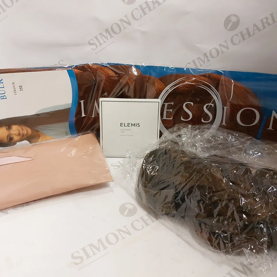 BOX OF APPROX 10 COSMETIC ITEMS TO INCLUDE ELEMIS SHOWER CAP, IMPRESSION SUPER BRAID BULK EXTENSIONS, ORAL-B REPLACEMENT HEADS