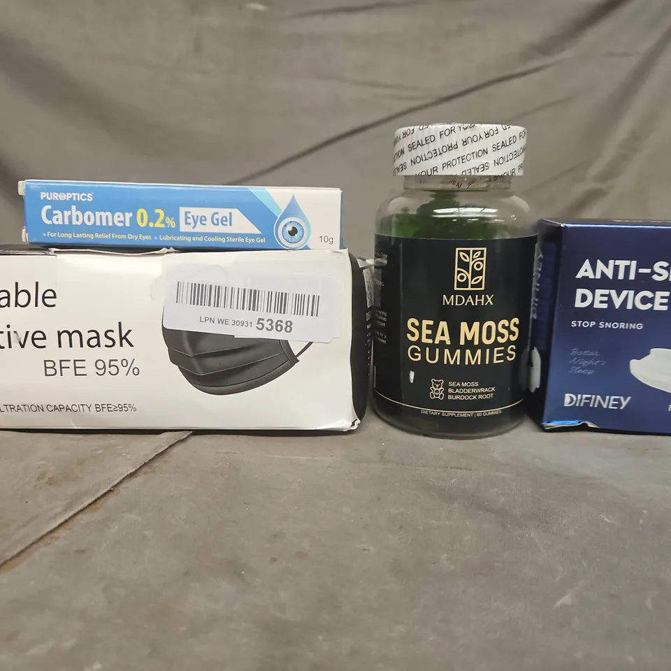 TOTE OF APPROXIMATELY 15 ASSORTED HEALTHCARE PRODUCTS TO INCLUDE ANTI SNORING DEVICE - SEA MOSS GUMMIES AND DISPOSABLE FACE MASKS