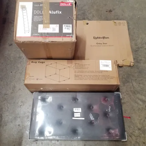 PALLET CONTAINING ASSORTED PRODUCTS INCLUDING FOLDING VELVET OTTOMAN, DOG CAGE, OSBY STAR & CONCERTINA LADDER
