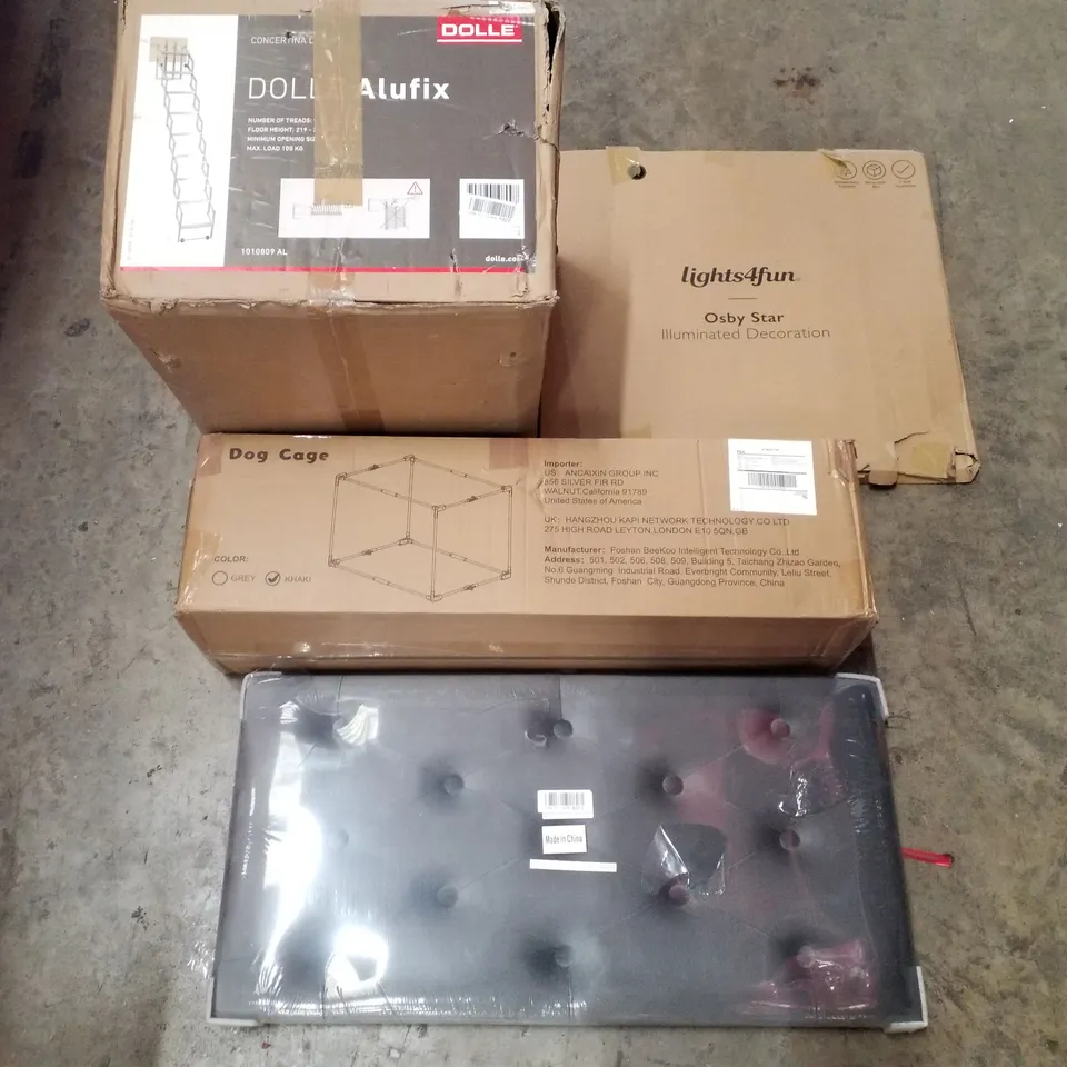 PALLET CONTAINING ASSORTED PRODUCTS INCLUDING FOLDING VELVET OTTOMAN, DOG CAGE, OSBY STAR & CONCERTINA LADDER 