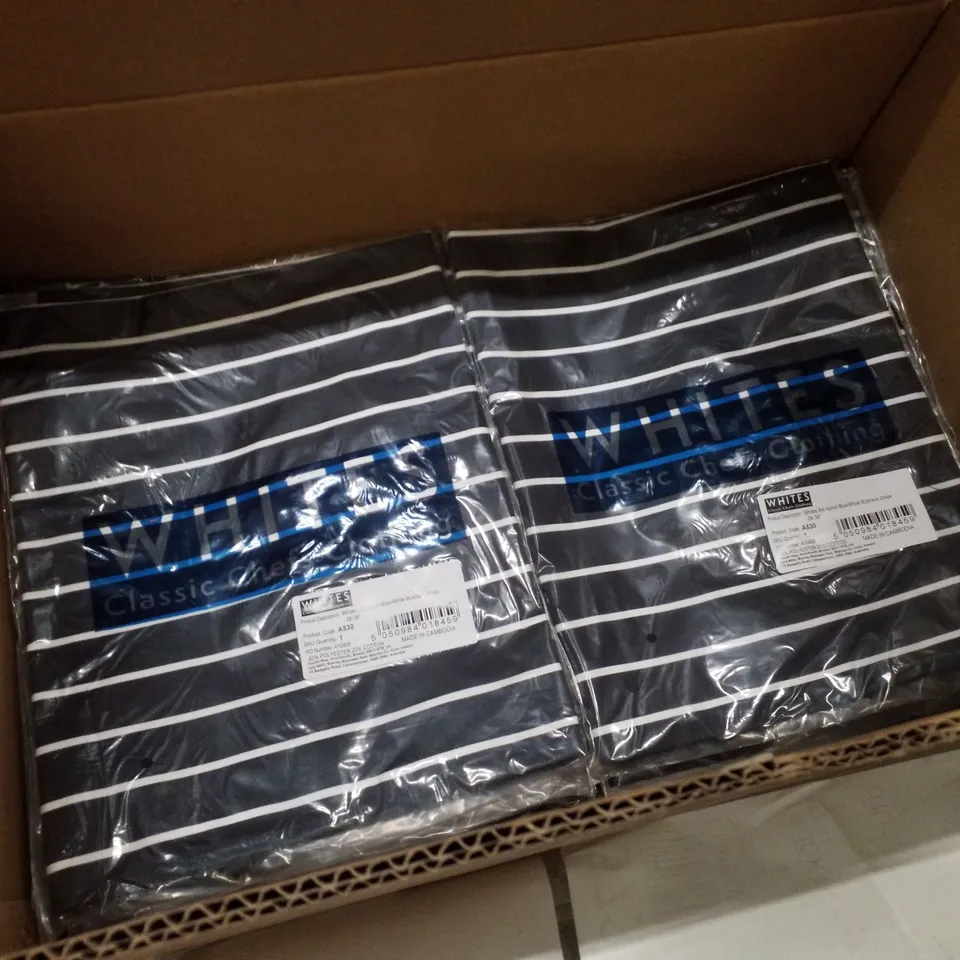 BOX CONTAINING APPROXIMATELY 41 BRAND NEW WHITES BIB APRON BLUE/ BUTCHERS STRIPES 28-38"