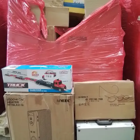 PALLET CONTAINING VARIOUS ASSORTED BOXED HOUSEHOLD ITEMS TO INCLUDE: KIDS TOY TRUCK AND CARS, FRYING PANS, OIL FILLED RADIATOR AND LOTS MORE UNMARKED BOXED ITEMS 