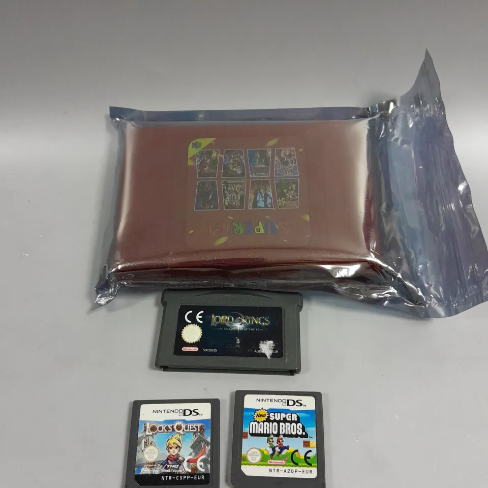 4 X ASSORTED CARTRIDGE GAMES TO INCLUDE SUPER MARIO BROS, LORD OF THE RINGS, LOCKS QUEST ETC 