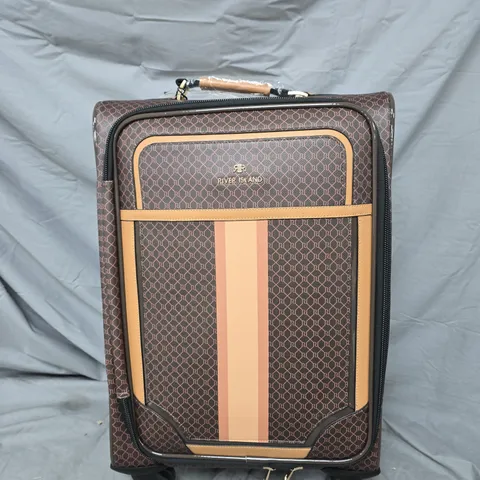 RIVER ISLAND BROWN GEOMETRIC PATTERN ROLLING SUITCASE WITH WHEELS