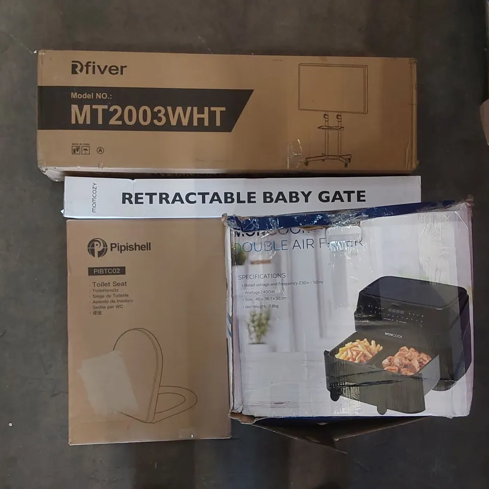 PALLET OF ASSORTED ITEMS INCLUDING DOUBLE AIR FRYER, TOILET SEAT, MOBILE TV STAND, RETRACTABLE BABY GATE