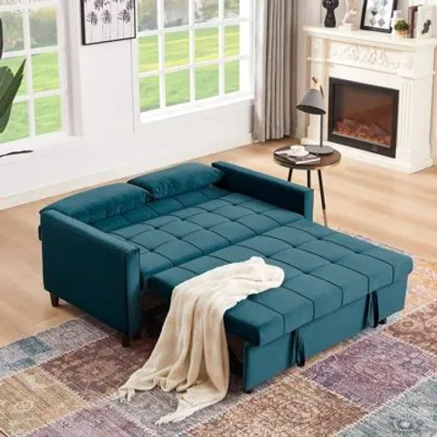 BOXED BUNCOMBE 2 SEATER UPHOLSTERED SOFA BED -GREEN-