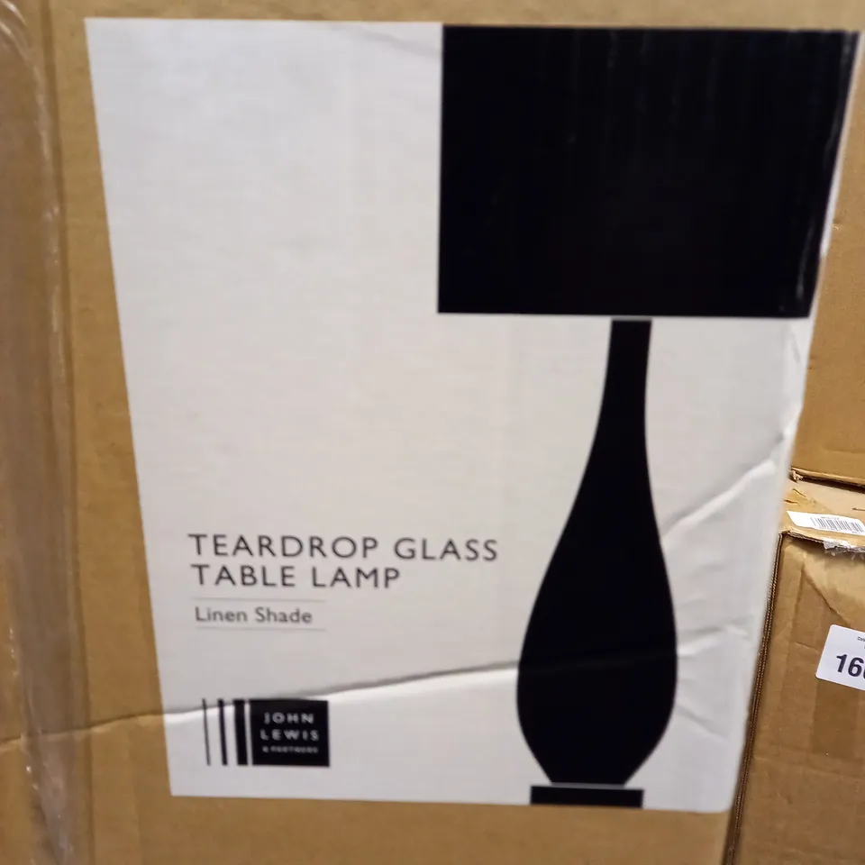 BOXED JOHN LEWIS TEARDROP GLASS TABLE LAMP AND LINEN SHADE 