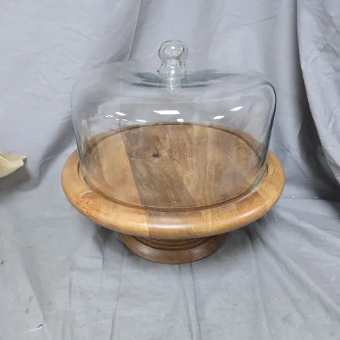 GLASS CLOCHE ON WOODEN PEDESTAL CAKE STAND