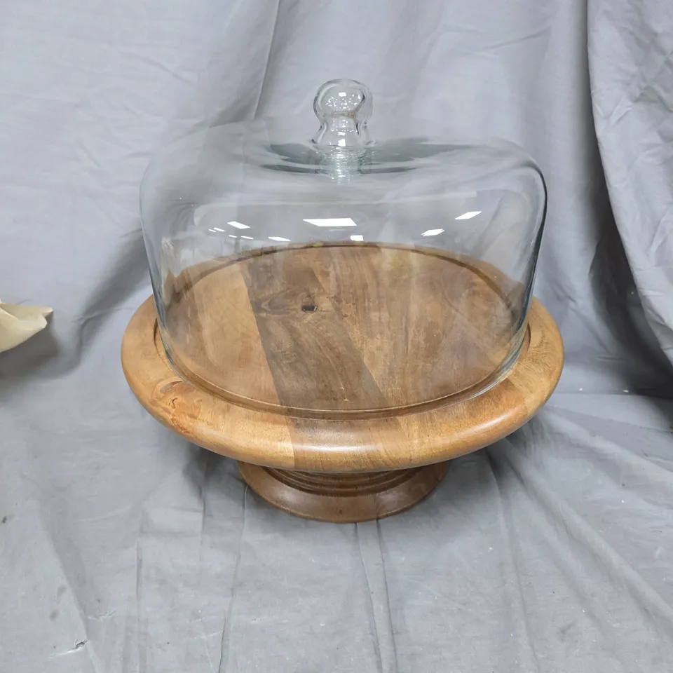 GLASS CLOCHE ON WOODEN PEDESTAL CAKE STAND