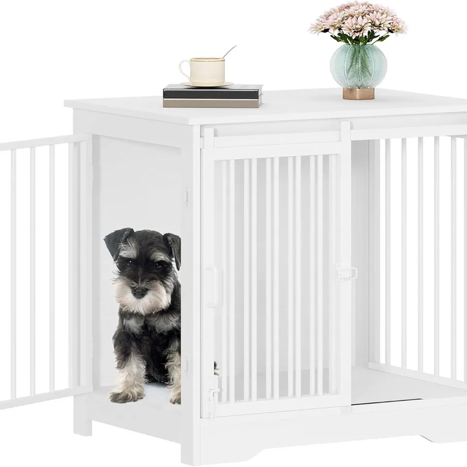 BOXED HZUANERI DOG CRATE FURNITURE, 69 CM DOUBLE DOOR WOODEN DOG CRATE WITH BARN DOOR, INDOOR KENNEL, END SIDE TABLE WOODEN ANIMAL CRATES FOR SMALL DOGS, ANTI-CHEW ANTI-ESCAPE, WHITE DFC84313W