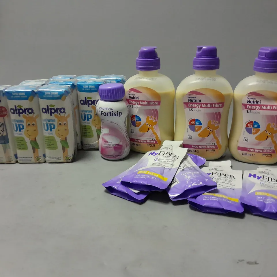 LOT OF ASSORTED FOOD ITEMS TO INCLUDE NUTRINI ENERGY MULTI FIBRE, ALPRO SOYA DRINK, ETC
