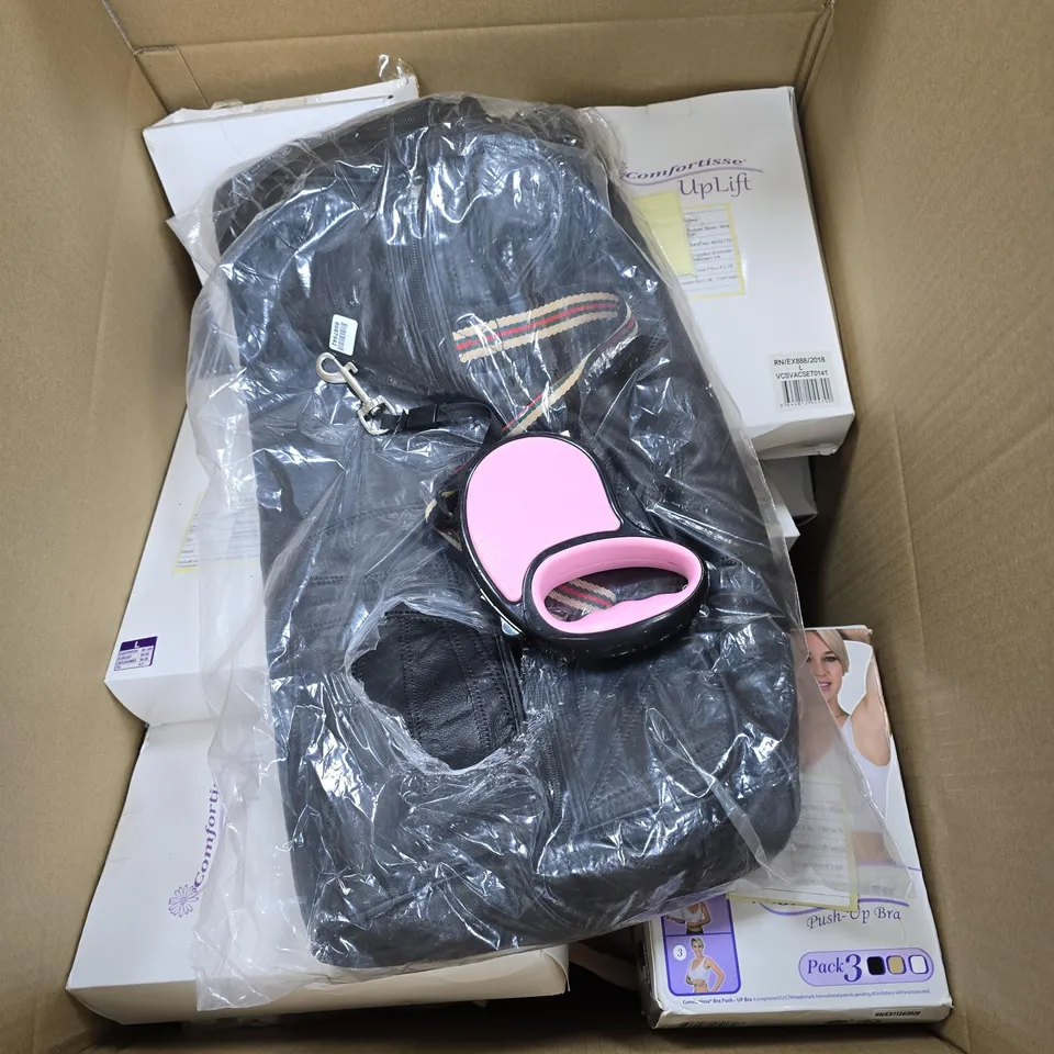 BOX OF APPROXIMATELY 20 ASSORTED ITEMS TO INCLUDE PINK EXTENDABLE DOG LEAD, LEATHER BAG WITH HANDLES, VARIOUS COMFORTISSE PUSH UP BRAS ETC