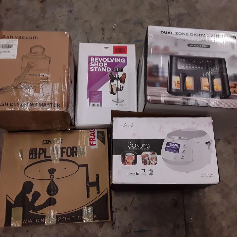 PALLET OF ASSORTED PRODUCTS INCLUDING ASH CLEANING MASTER, REVOLVING SHOE STAND, DIGITAL AIR FRYER, MULTIFUNCTION RICE COOKER, SPEEDBALL PUNCHING BAG