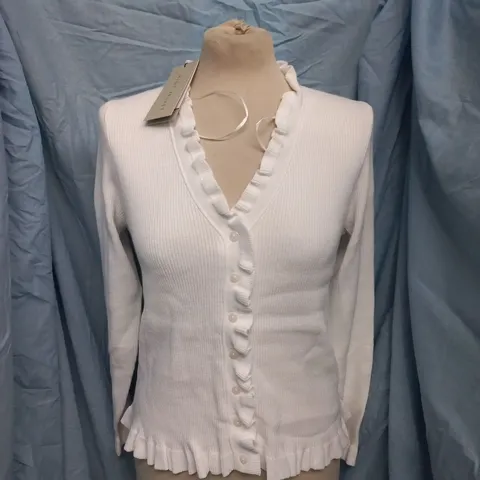 MINT VELVET IVORY RUFFLE DETAIL CARDIGAN IN WHITE - L