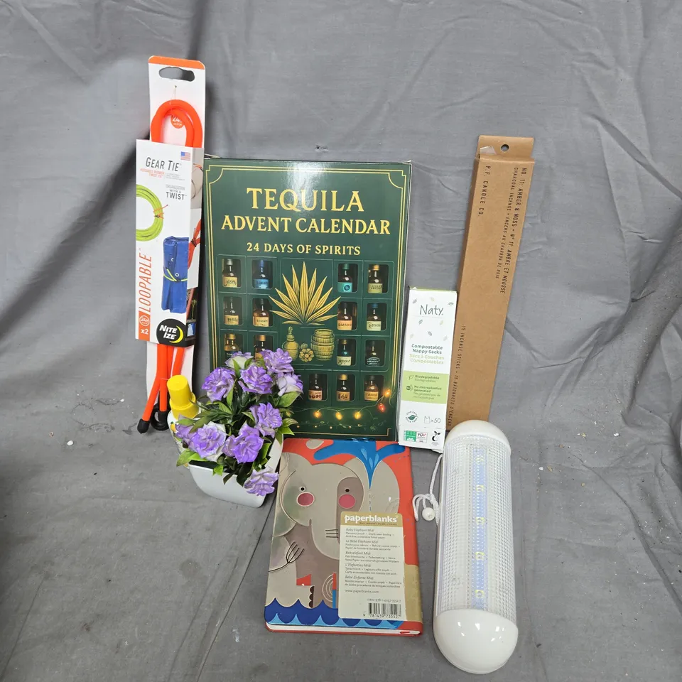 APPROXIMATELY 12 ASSORTED HOUSEHOLD ITEMS TO INCLUDE PAPERBLANKS ELEPHANT NOTEBOOK, LOOPABLE GEAR TIE, TEQUILA ADVENT CALENDER, ETD