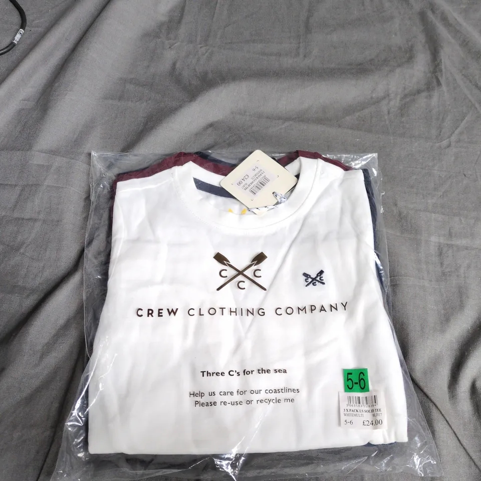 CREW CLOTHING COMPANY KIDS LONG-SLEEVE SOLID TEE – WHITE/MULTI, PACK OF 3, UK 5-6