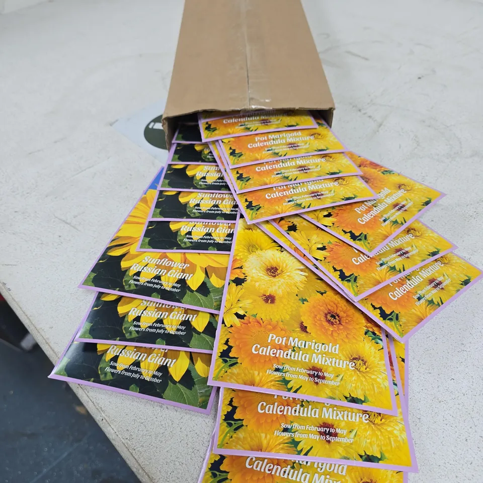 BOX OF APPROXIMATELY 30 ASSORTED FLOWER SEED PACKS ON CLIP STRIPS TO INCLUDE SUNFLOWER RUSSIAN GIANT ETC