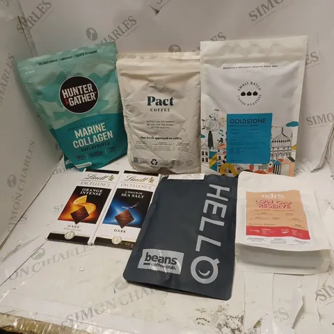 LOT OF ASSORTED FOOD AND DRINK ITEMS TO INCLUDE LINDT, PACT COFFEE AND HUNTER AND GATHER