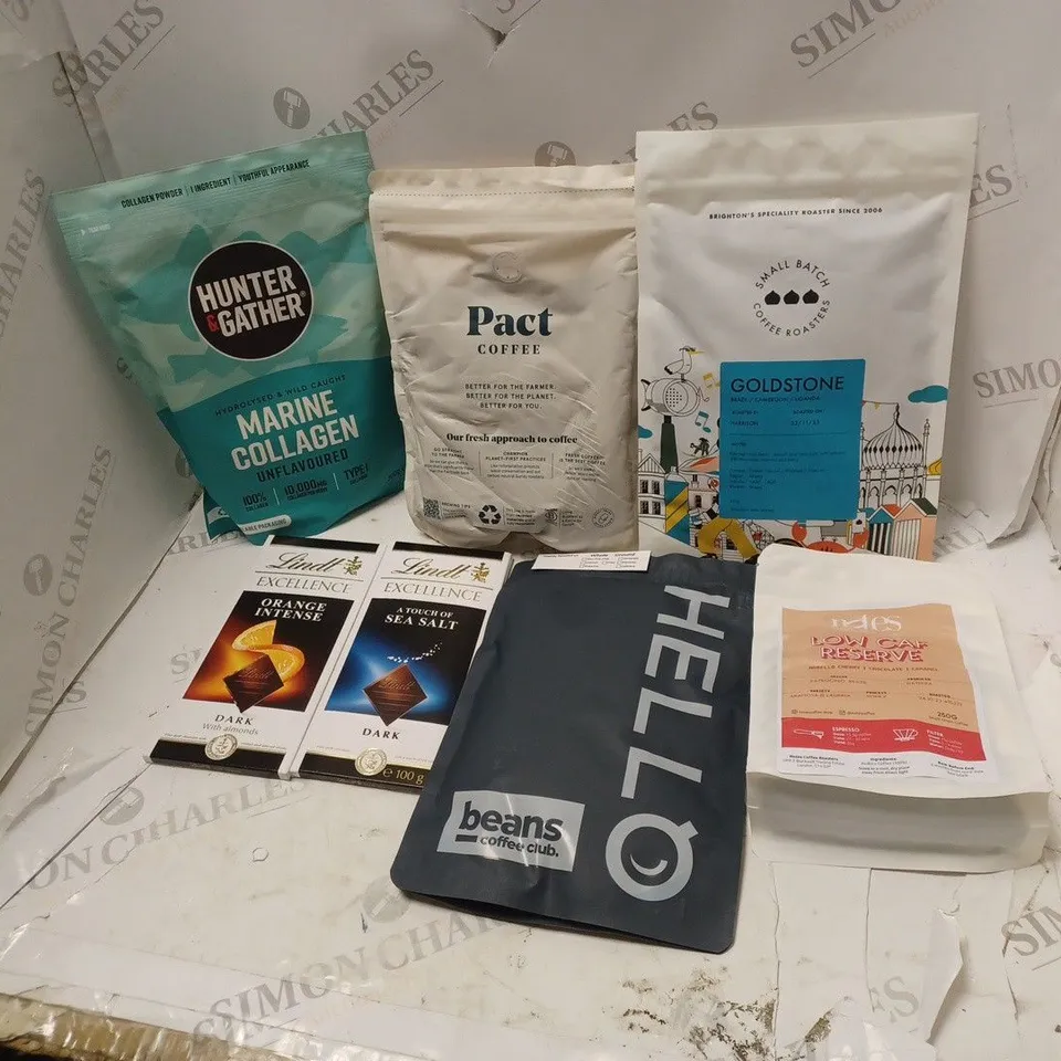 LOT OF ASSORTED FOOD AND DRINK ITEMS TO INCLUDE LINDT, PACT COFFEE AND HUNTER AND GATHER