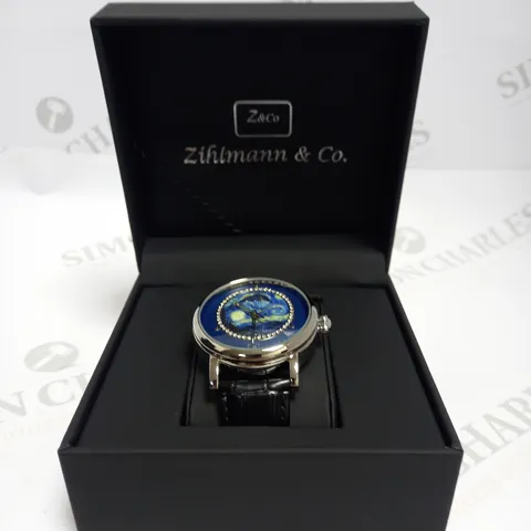 MENS ZIHLMANN & CO AUTOMATIC WATCH – Z150 – MOONPHASE DIAL – GLASS EXHIBITION BACKCASE - SILVER COLOUR CASE – BLACK LEATHER STRAP