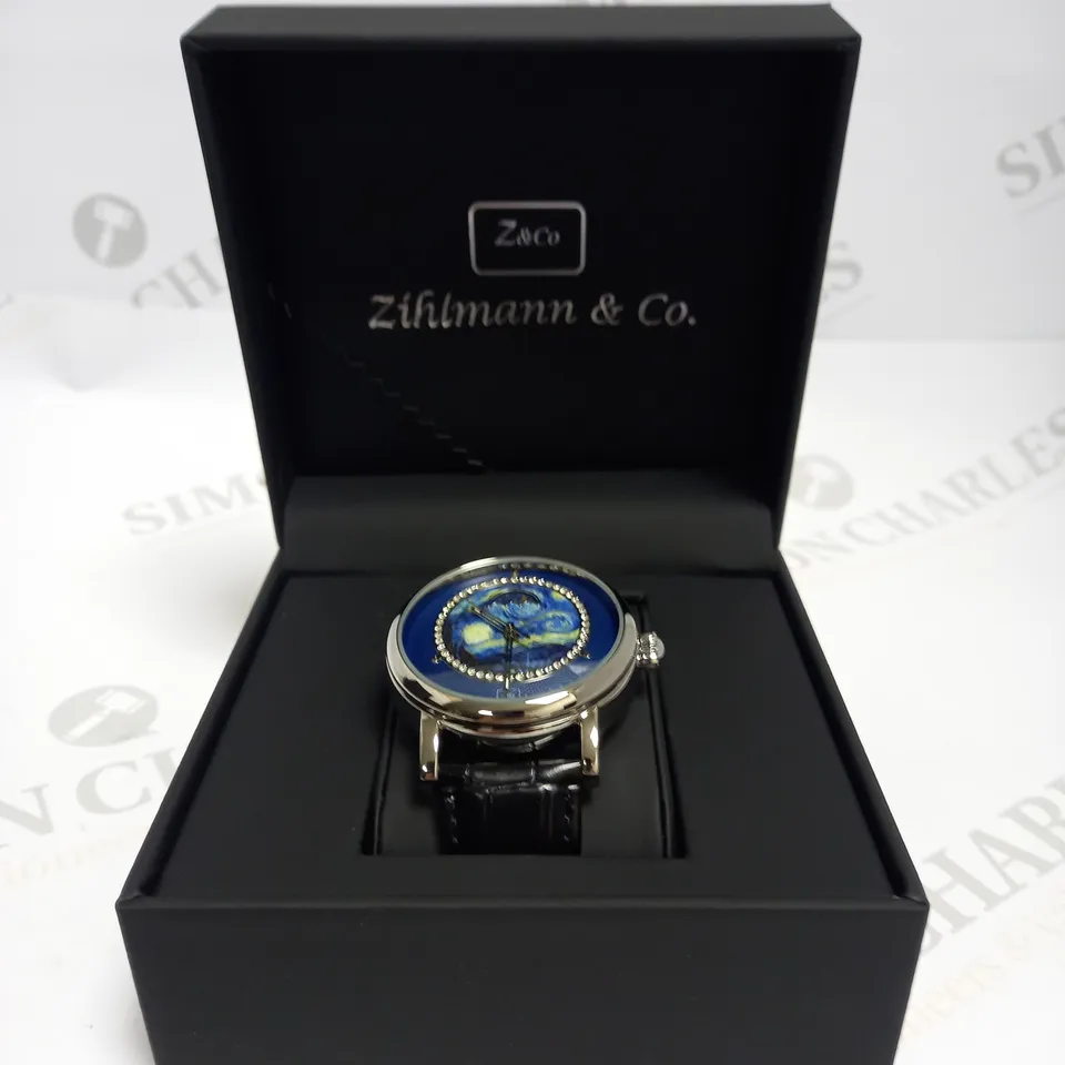 MENS ZIHLMANN & CO AUTOMATIC WATCH – Z150 – MOONPHASE DIAL – GLASS EXHIBITION BACKCASE - SILVER COLOUR CASE – BLACK LEATHER STRAP