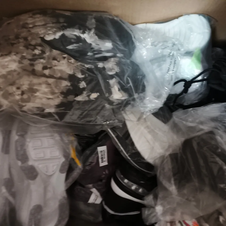 BOX OF APPROXIMATELY 15 ASSORTED PAIRS OF SHOES AND FOOTWEAR ITEMS IN VARIOUS COLOURS, STYLES, AND SIZES - COLLECTION ONLY