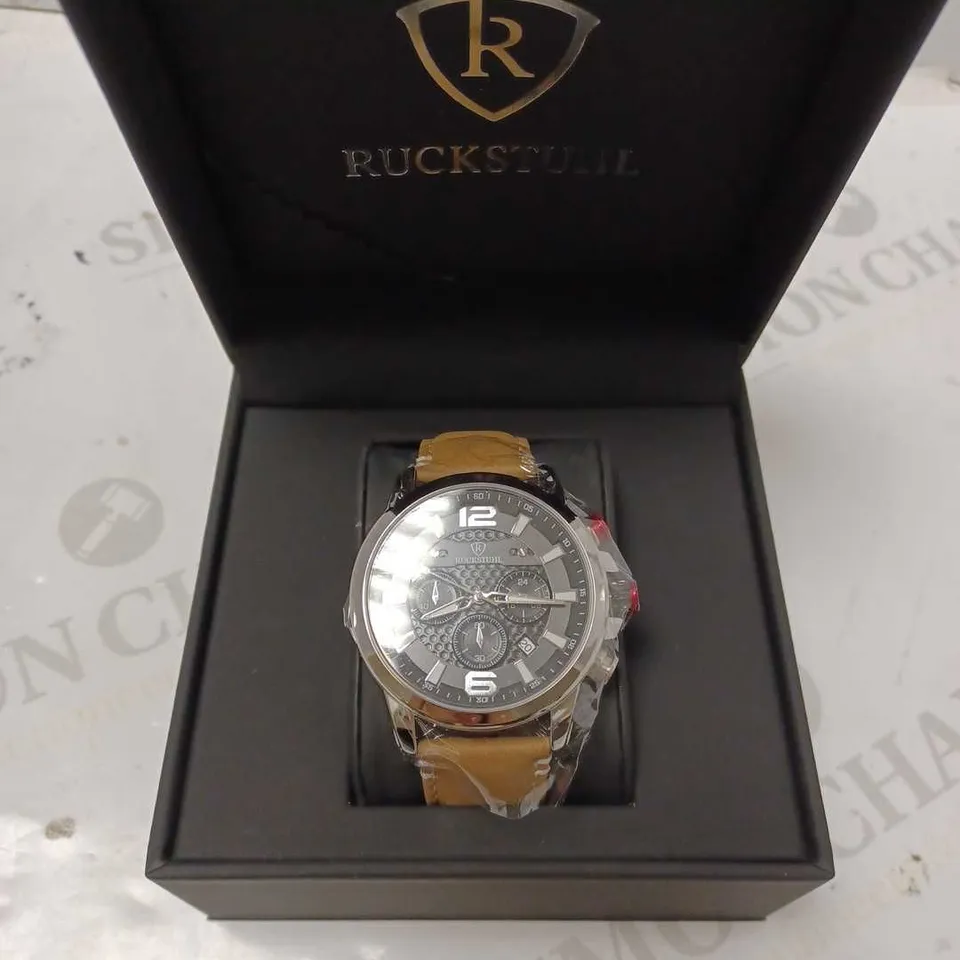 RUCKSTUHL BLACK TRIPLE DIAL BROWN LEATHER STRAP WRISTWATCH