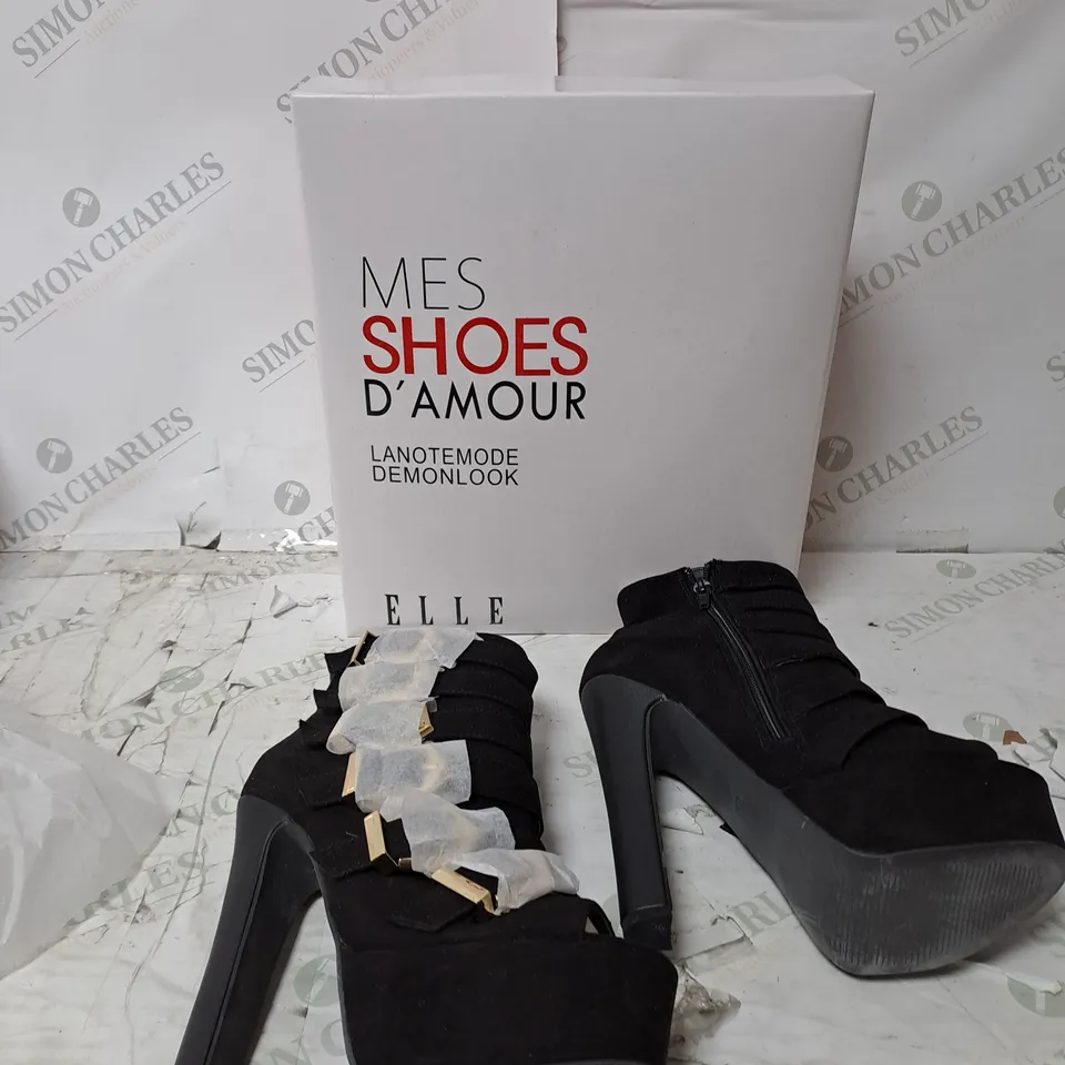 APPROXIMATELY 12 PAIRS OF BOXED MES SHOES D'AMOUR DEMONLOOK VIXEN BLACK HEELS - SIZE VARIATION 