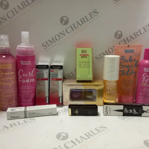BOX OF APPROX 10 ASSORTED BEAUTY PRODUCTS TO INCLUDE NEUTROGENA CELLULAR BOOST EYE REJUVENATING CREAM, PIXI BY PETRA ON-THE-GLOW-BLUSH, THE ORDINARY LASH AND BROW SERUM, ETC