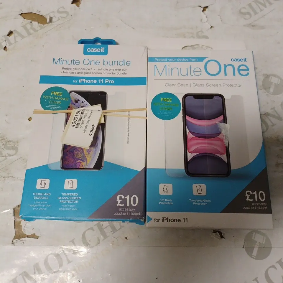 LOT OF 20 ASSORTED MINUTE ONE CLEAR CASE & SCREEN PROTECTOR KITS FOR IPHONE 11 AND 11 PRO