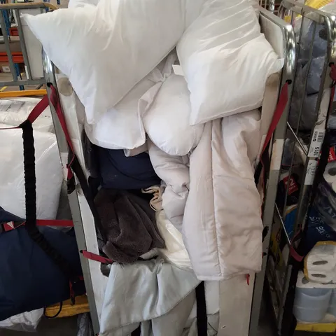 CAGE CONTAINING ASSORTED PILLOWS, TOWEL & BED SHEETS