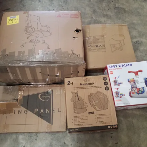 PALLET CONTAINING ASSORTED PRODUCTS INCLUDING OFFICE CHAIR, NESTING TABLES, BABY WALKER, 2-IN-1 BOOSTER SEAT/BACKPACK & HEATING PANEL