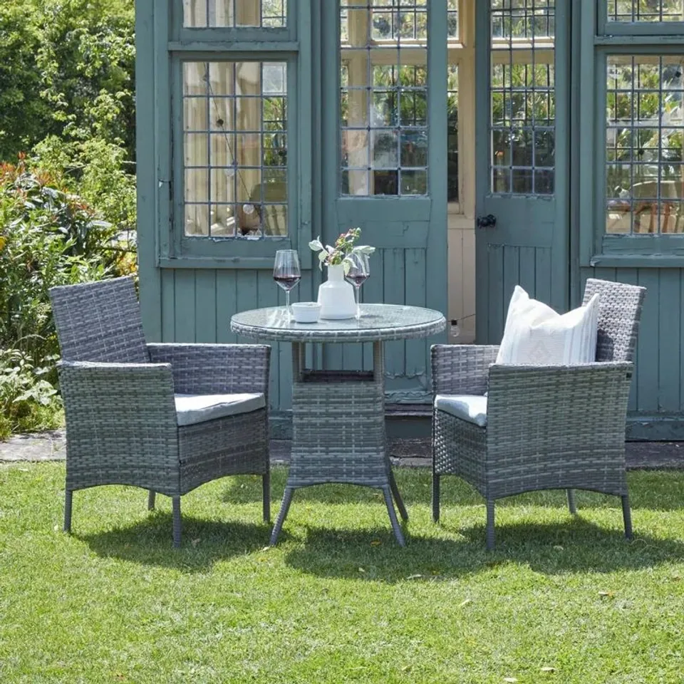 BOXED DUBOSE WICKER PATIO DINING SET WITH 70CM ROUND BISTRO TABLE AND 2 RATTAN CHAIRS - GREY  (2 BOXES)