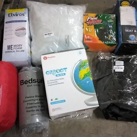 PALLET OF ASSORTED ITEMS INCLUDING ELVIROS MEMORY FOAM CERVICAL PILLOW, FLEXI HOSE, INFINITE GEL INFUSED SEAT & BACK CUSHION, BEDSURE FLEECE BLANKET, PLAYSHIFU INTERACTIVE GLOBE, SWTMERRY CAMPING BAG