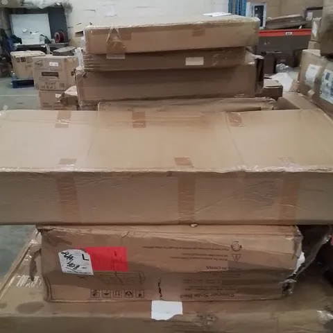 PALLET CONTAINING VARIOUS ASSORTED HOUSEHOLD CUSTOMER RETURNS TO INCLUDE: LED PANEL LIGHTS, SOFA PARTS, OTTOMAN STORAGE BENCH AND LOTS MORE UNMARKED BOXED ITEMS
