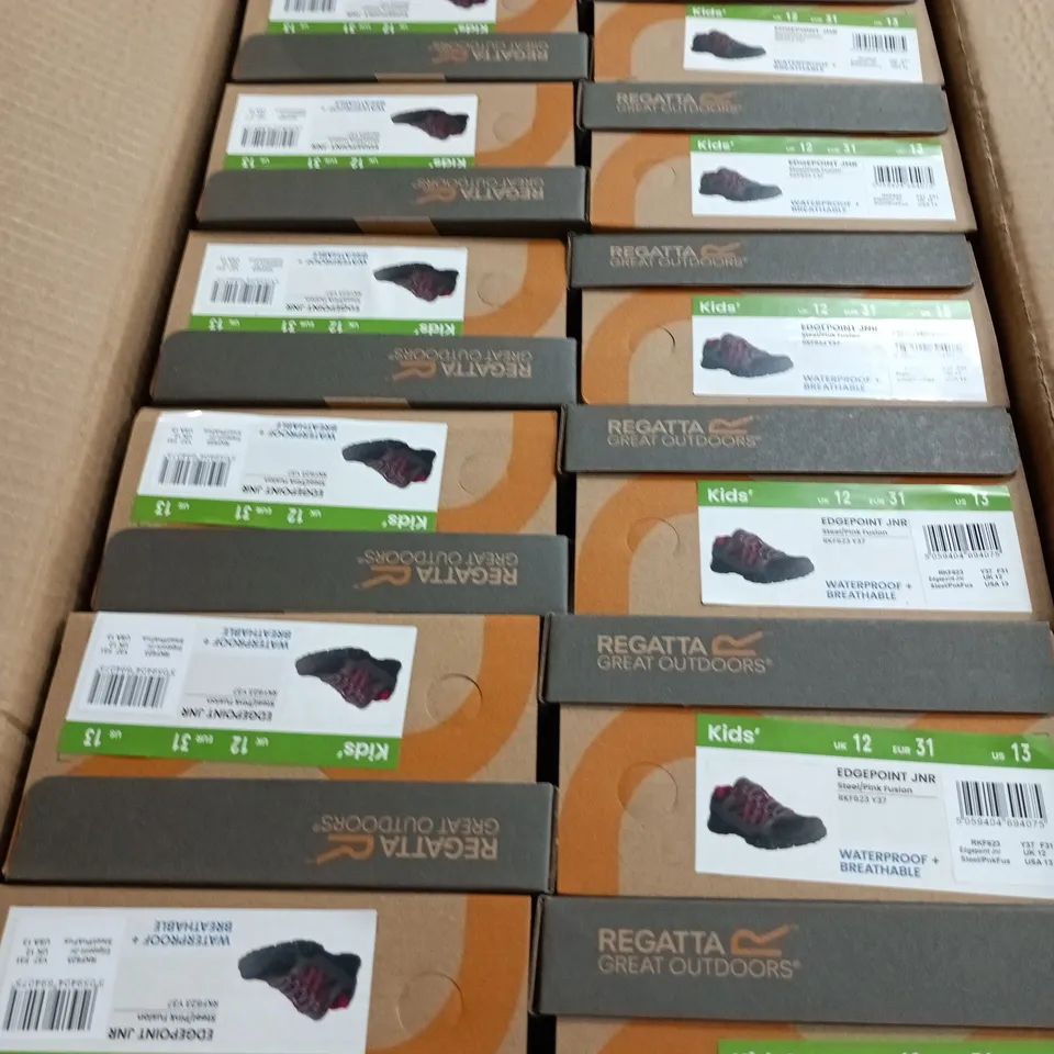 BOX OF APPROXIMATELY 12 PAIRS OF BRAND NEW BOXED REGATTA EDGEPOINT WATERPROOF LOW KIDS WALKING SHOES IN STEEL PINK FUSION - CHILDS UK 12 
