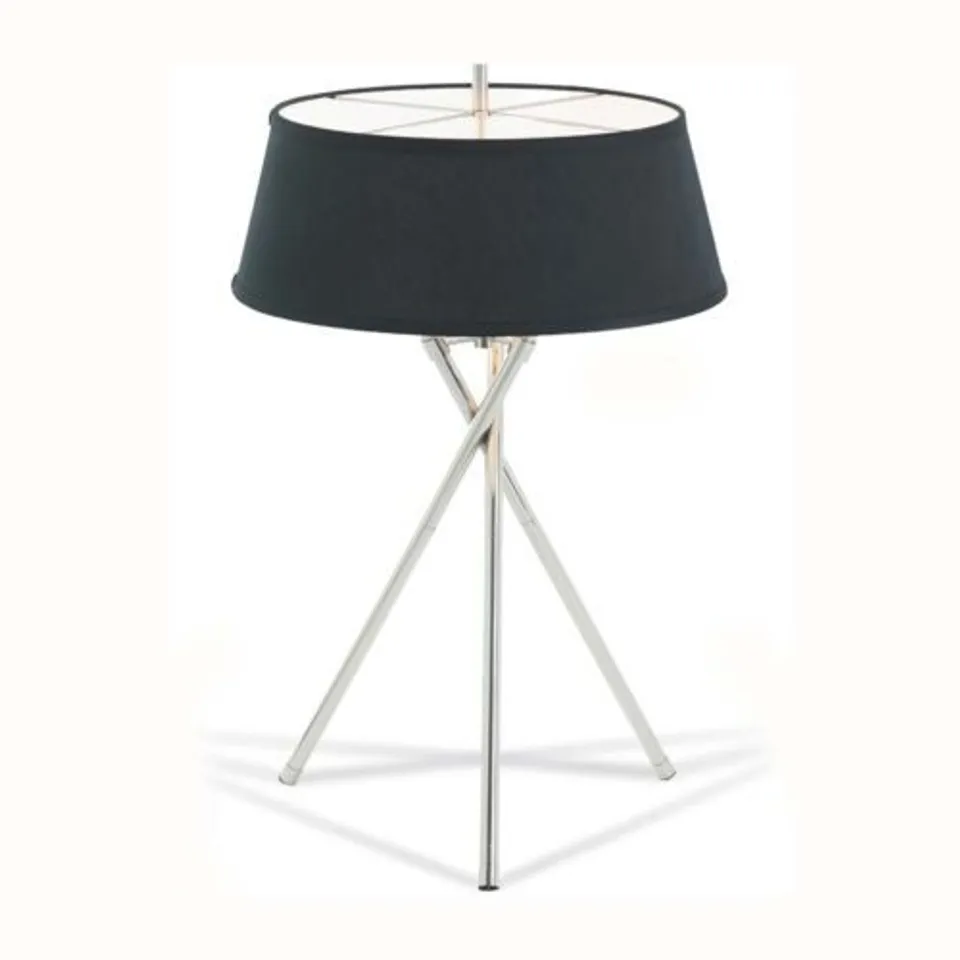 BOXED ASTLEY ARTO 2 LIGHTS CHROME TRIPOD FLOOR LAMP WITH BLACK SHADE 47CM W X 68CM H 