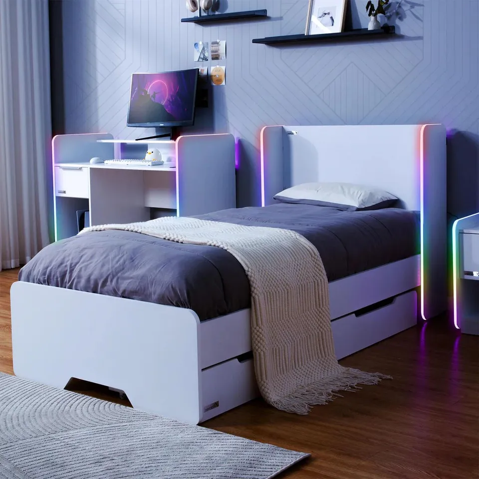 BOXED XROCKER ELECTRA LED SINGLE GAMING BED WITH DRAWERS - WHITE RGB (2 BOXES)