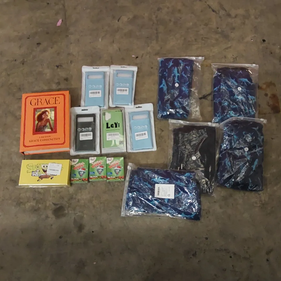 PALLET TO CONTAIN ASSORTED HOUSEHOLD ITEMS AND CONSUMER PRODUCTS. INCLUDING SHORTS, PHONE CASES, BOOK, CARD GAMES ETC