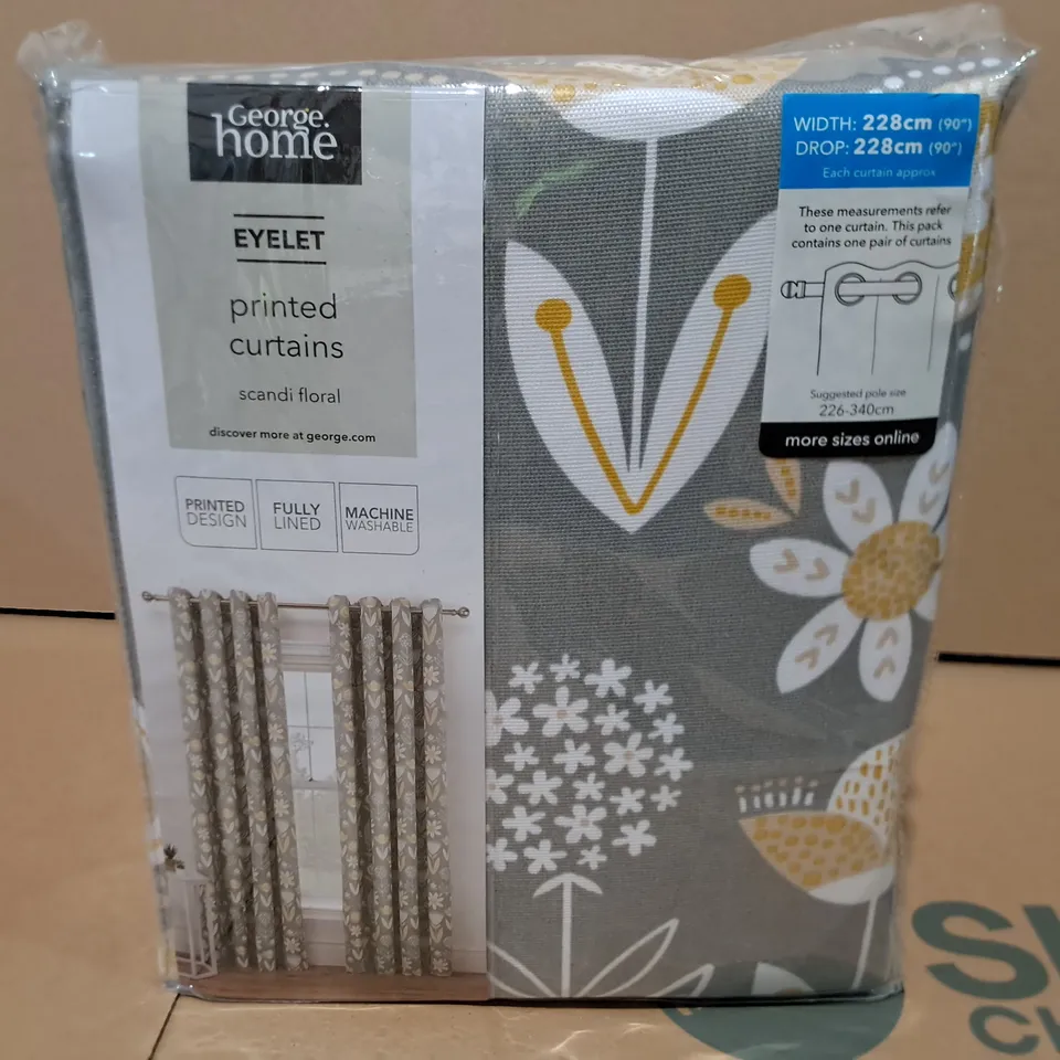 BRAND NEW SCANDI FLORAL EYELET PRINTED CURTAINS - 228 X 228CM
