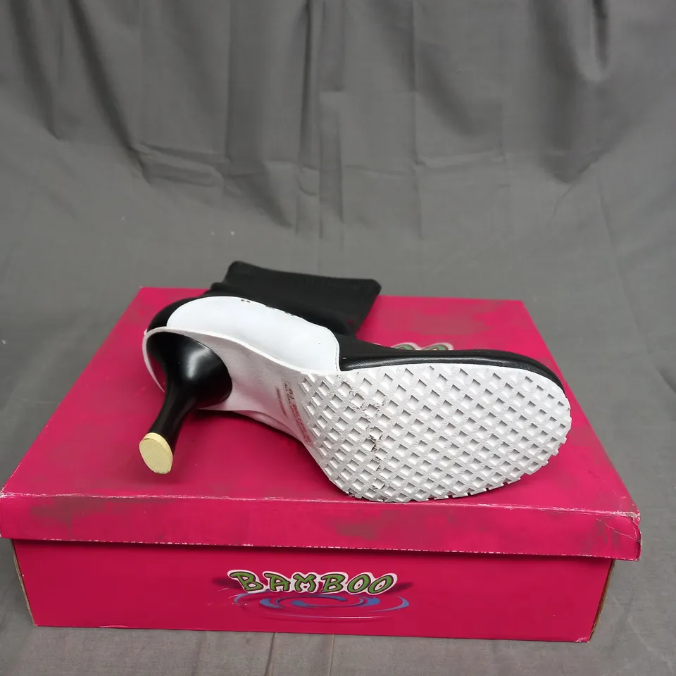 BOXED BAMBOO LEATHER BALLER HIGH HEEL SHOES IN BLACK AND WHITE SIZE 8.5
