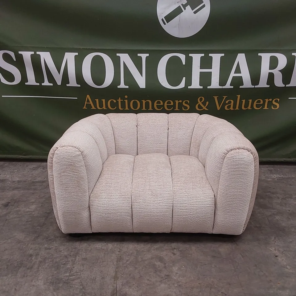 QUALITY DESIGNER BELLE SNUGGLER CHAIR IN GLAM BLOCK FABRIC - NATURAL