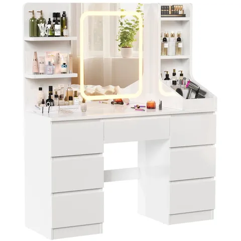 BOXED ROSSE DRESSING TABLE WITH 3 COLORFUL LIGHT MIRROR 7 DRAWERS AND 7 STORAGE SHELVES MAKEUP DESK 110CM DESKTOP VANITY TABLE (2 BOXES)